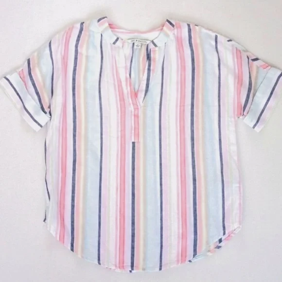 Zac & Rachel Women's Short Sleeve Pink Stripe Linen Rayon Blend V Neck Top S - Picture 10 of 12